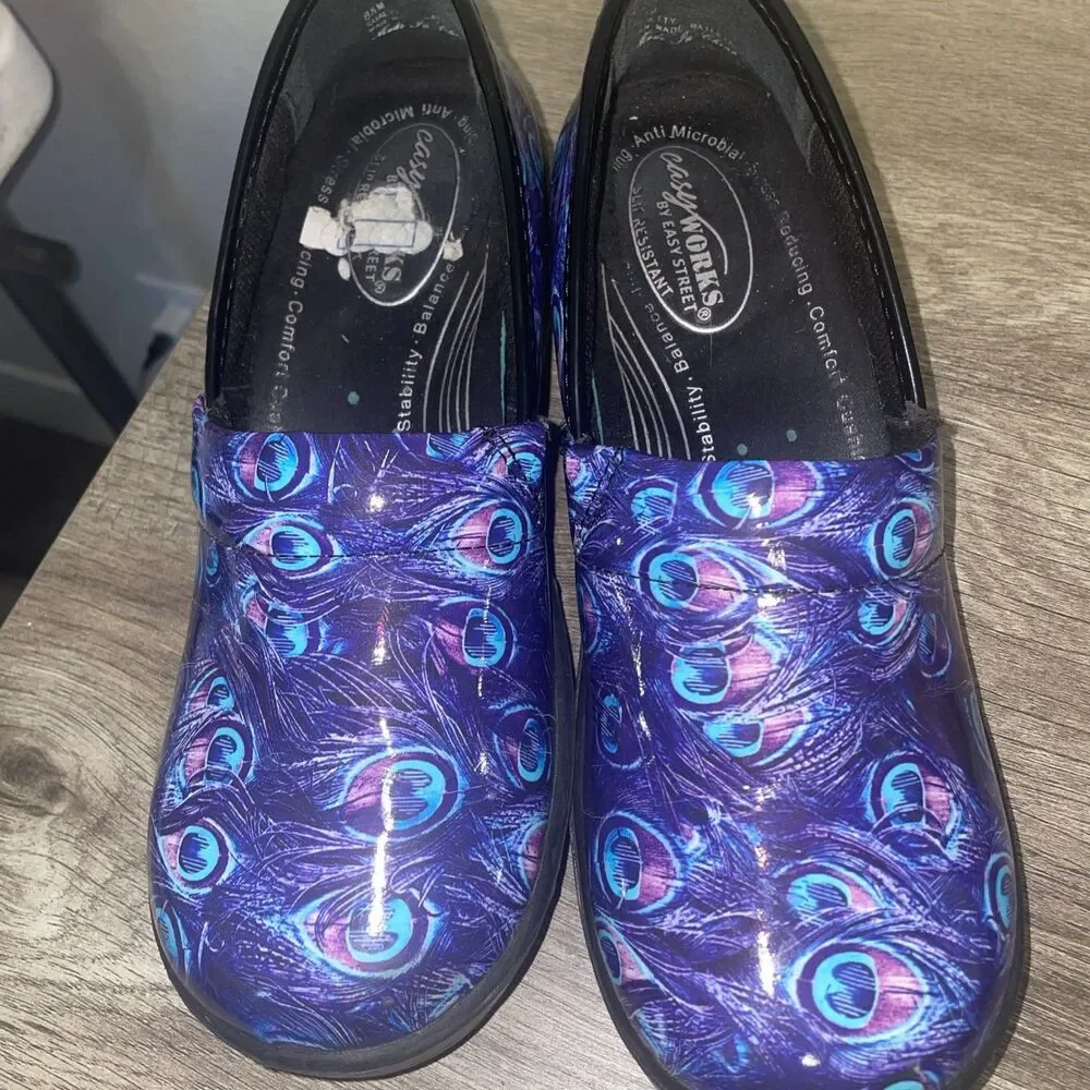 Easy Street Women's 8.5M Work Nursing Shoe Slip-Resist Clog Peacock Blue Artsy